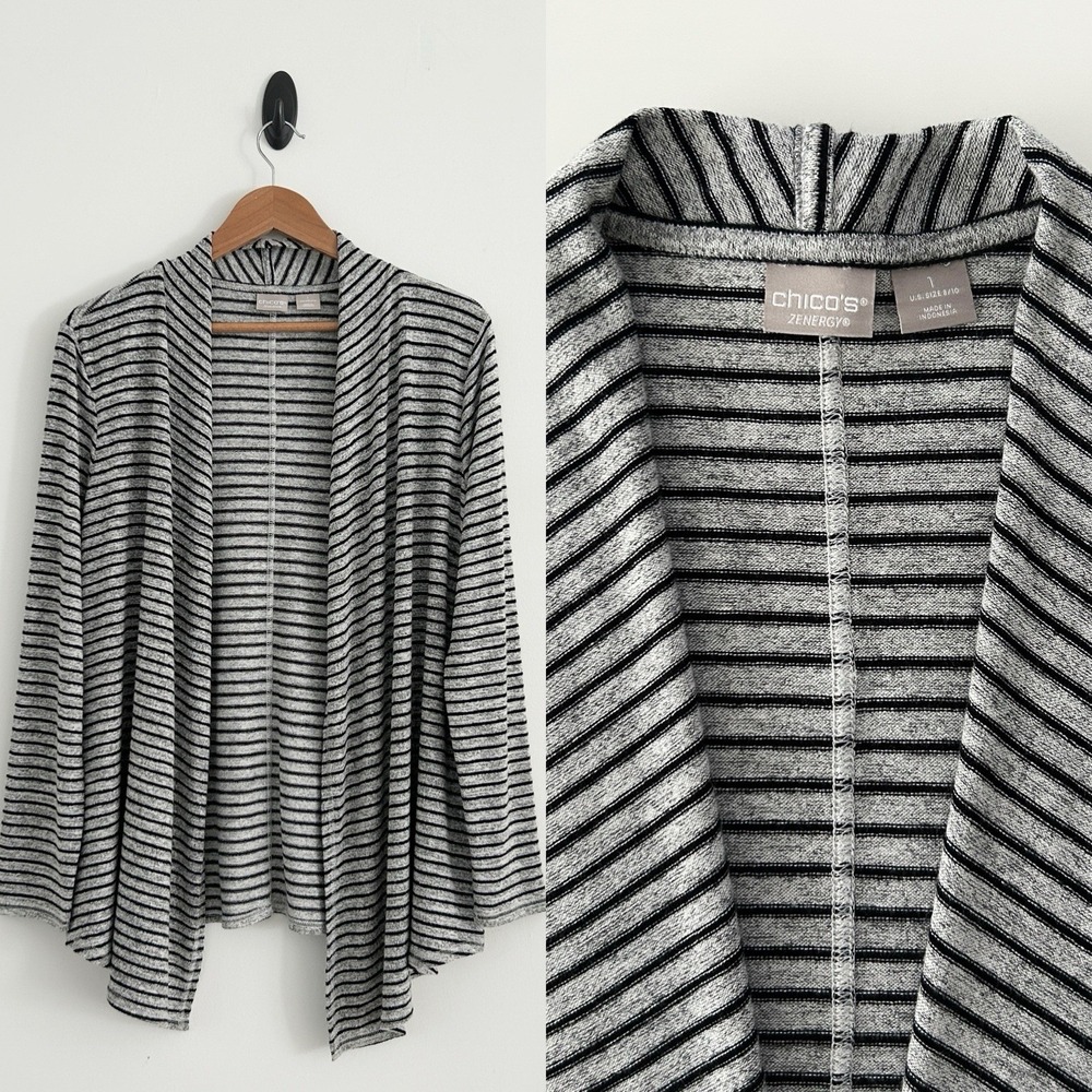 Chico's Zenergy Women's 8/10 Size 1 Medium Gray Black Multi Stripe Cardigan NWOT